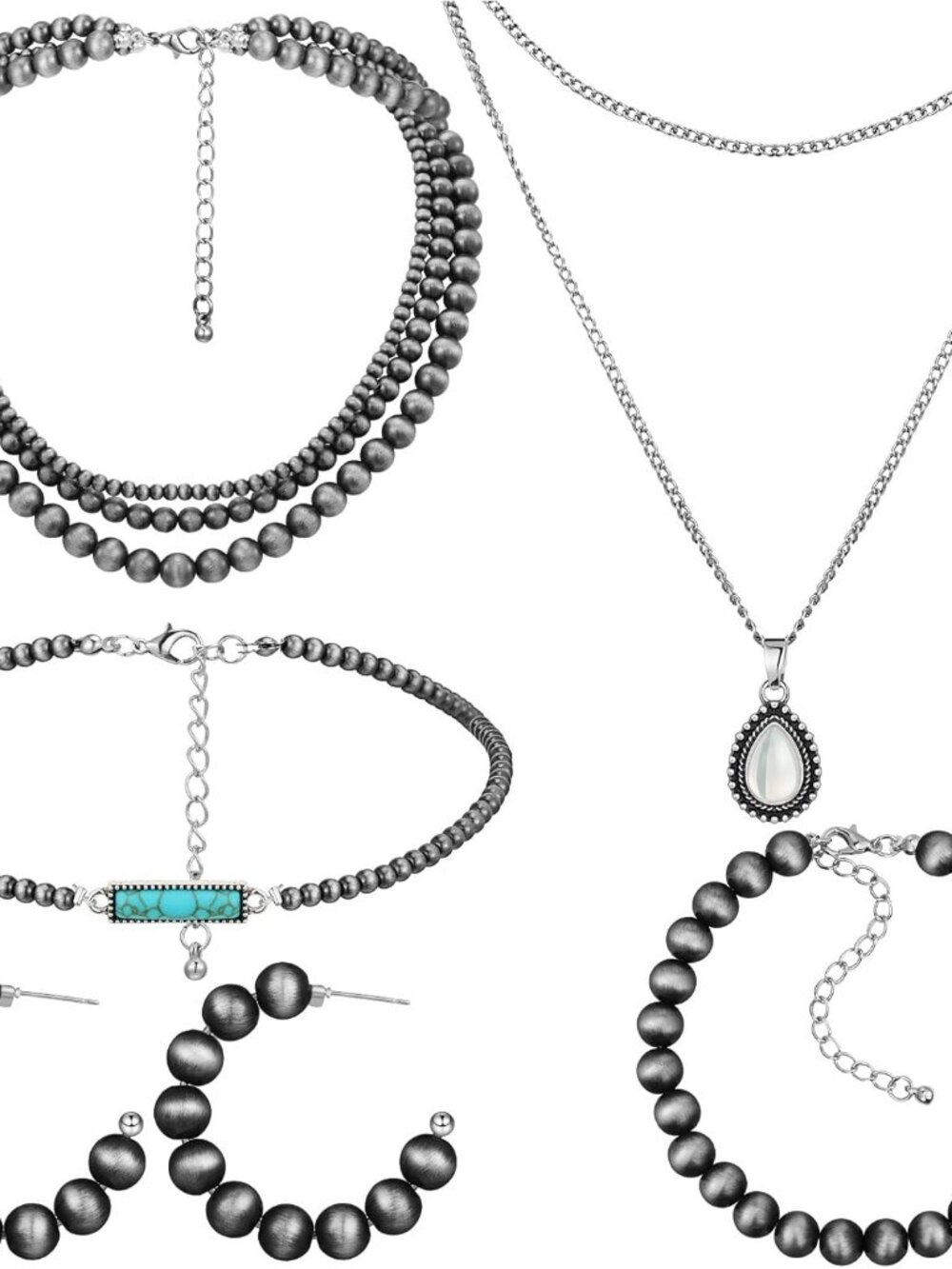5 Pcs Pearl Jewelry Set for Women, Vintage Multilayered Silver Pearl Necklace, B